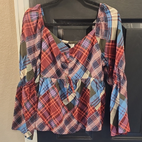 Cato Red and Blue Plaid Bell Sleeve Blouse - Picture 1 of 3